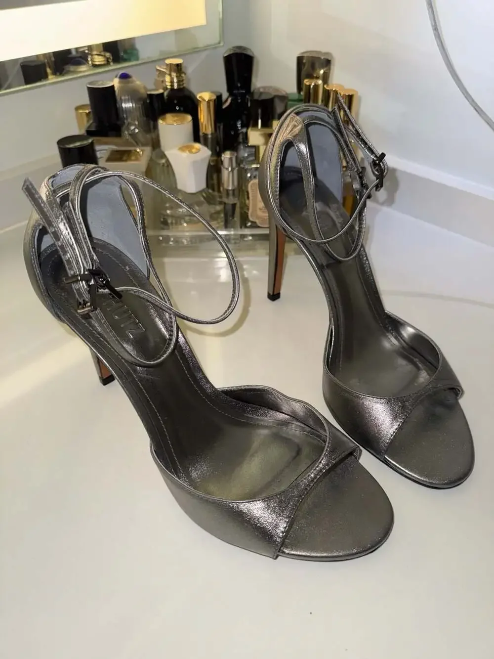 Schutz Metallic Silver Ankle Strap Stiletto Heels Size 9.5B